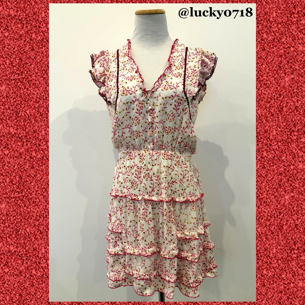 Poupette St. Barth Red & White Floral Ruffle Mini Dress Cover Up Sz S